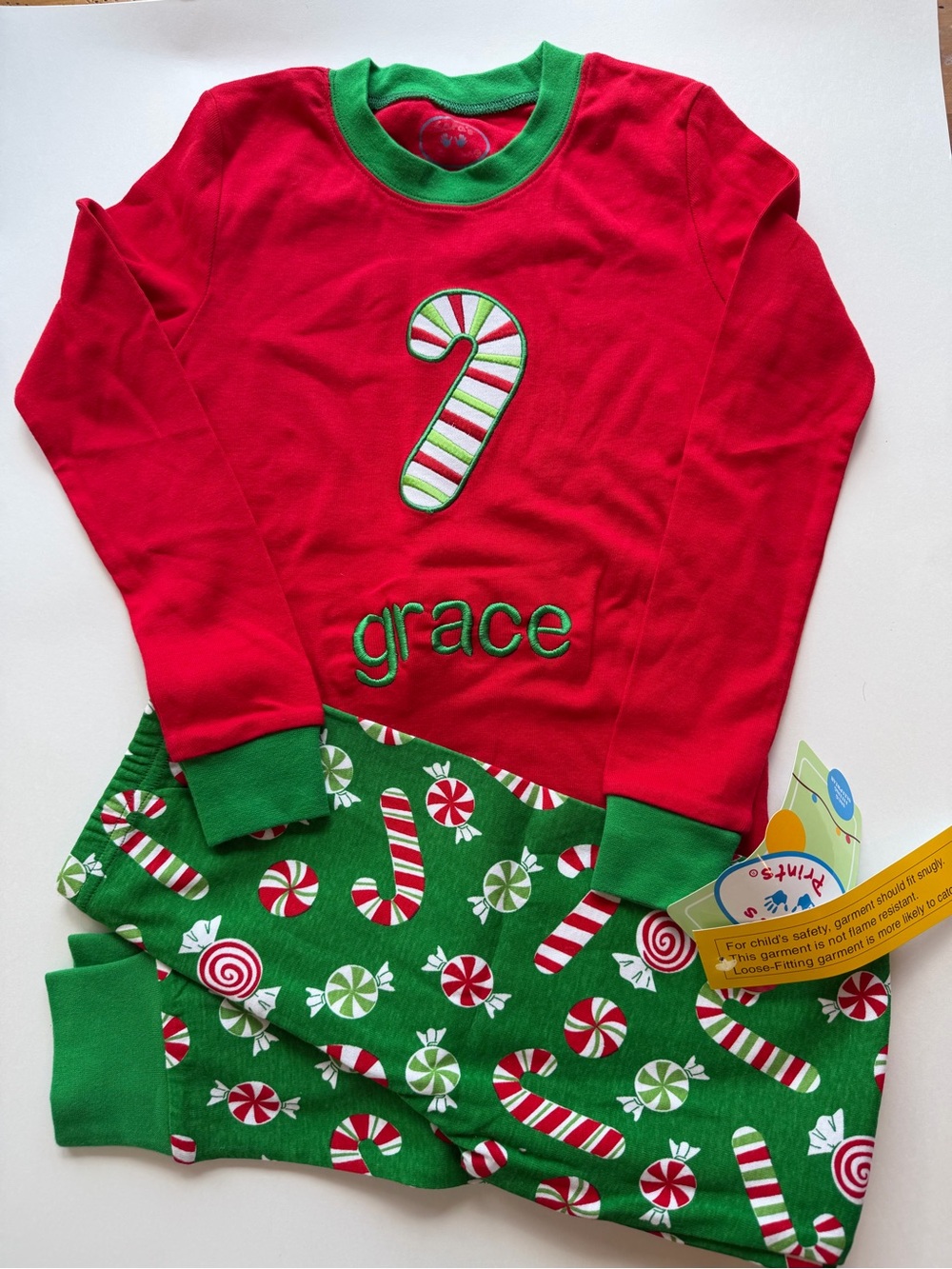 Personalized “Grace” Red & Green Girl’s Size 10 Holiday Pajamas
